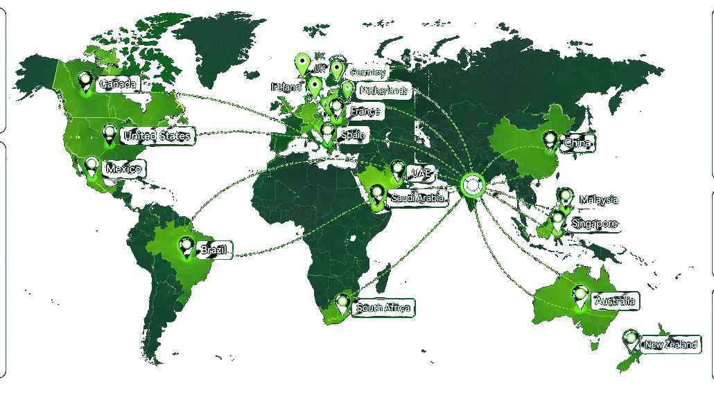 World map highlighting the countries TaskDoners works with, including the United Kingdom, United States, Canada, Australia, Pakistan, the Gulf and South Africa. The full list of countries is United States, Canada, Mexico, United Kingdom, Ireland, Germany, France, Netherlands, Italy, Spain, Pakistan, China, Malaysia, Singapore, UAE, Saudi Arabia, Australia, New Zealand, South Africa, Brazil.